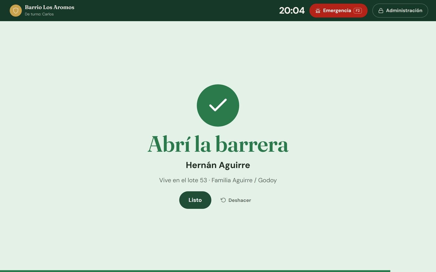 App de control de acceso: pantalla verde, abrí la barrera