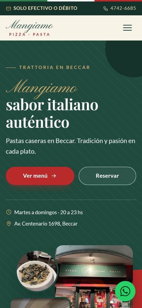 Web de muestra de la trattoria Mangiamo en el celular