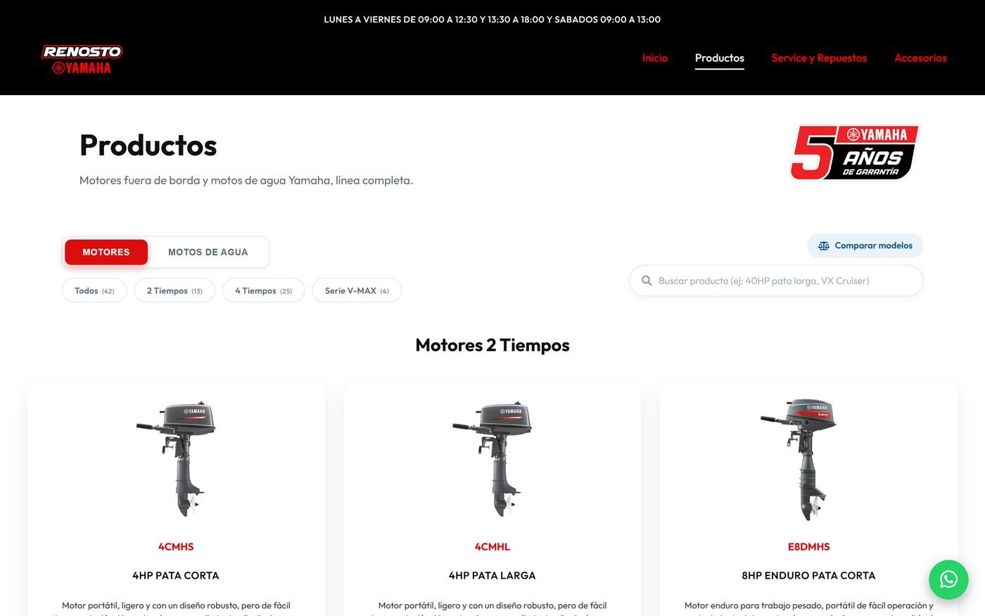 Catálogo de productos de la web de Yamaha Renosto